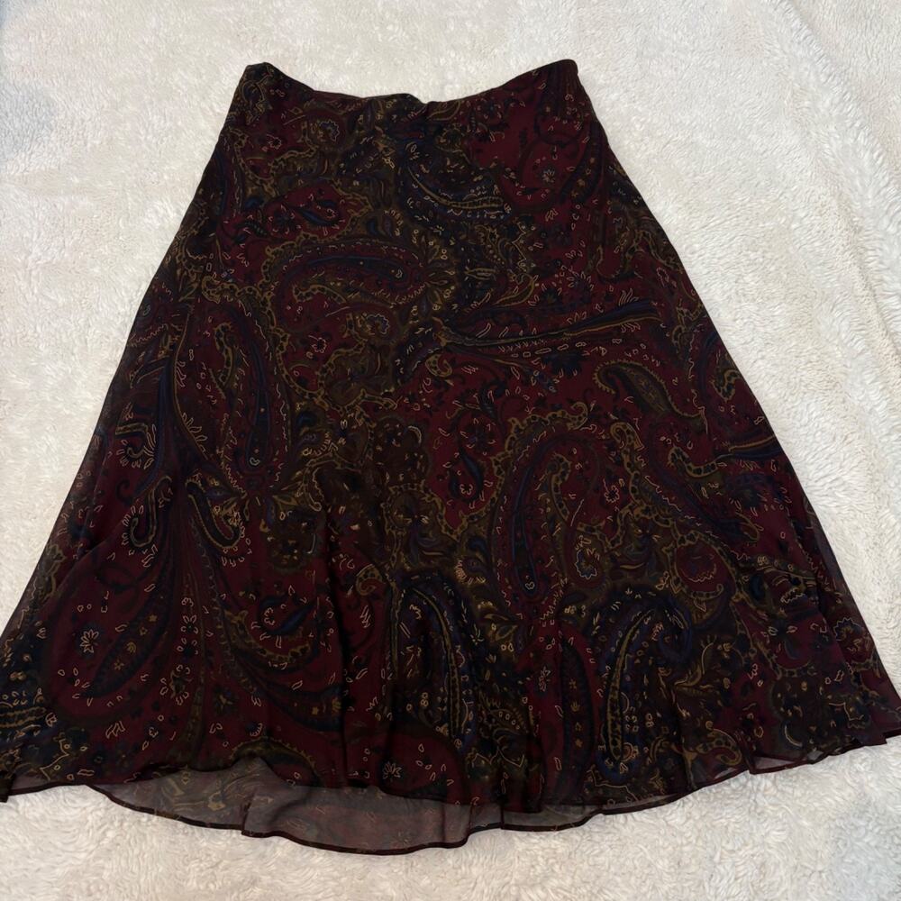 VTG LRL Womens Silk Maxi Skirt Burgundy Paisley Y2K Grunge M Whimsygoth Fairy